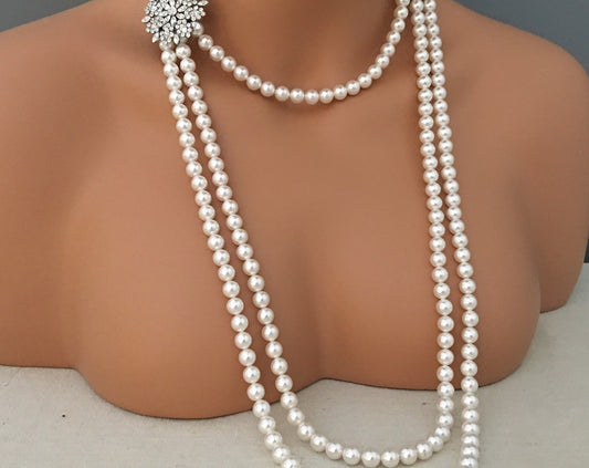 Long Pearl Flapper Necklace with Backdrop and Earrings Set