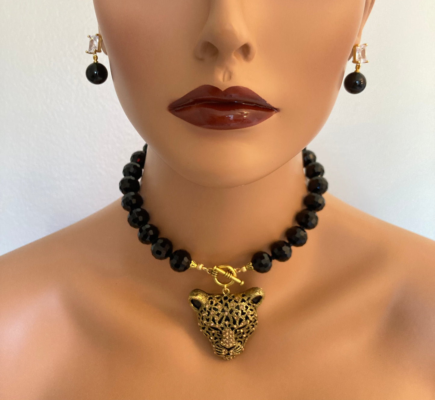 Black Panther Necklace Choker in antiqued gold with rhinestone panther Toggle Choker Necklace in black crystal