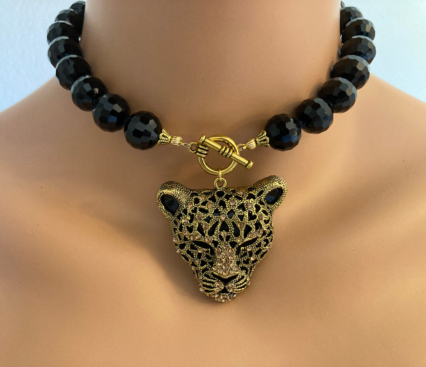 Black Panther Necklace Choker in antiqued gold with rhinestone panther Toggle Choker Necklace in black crystal