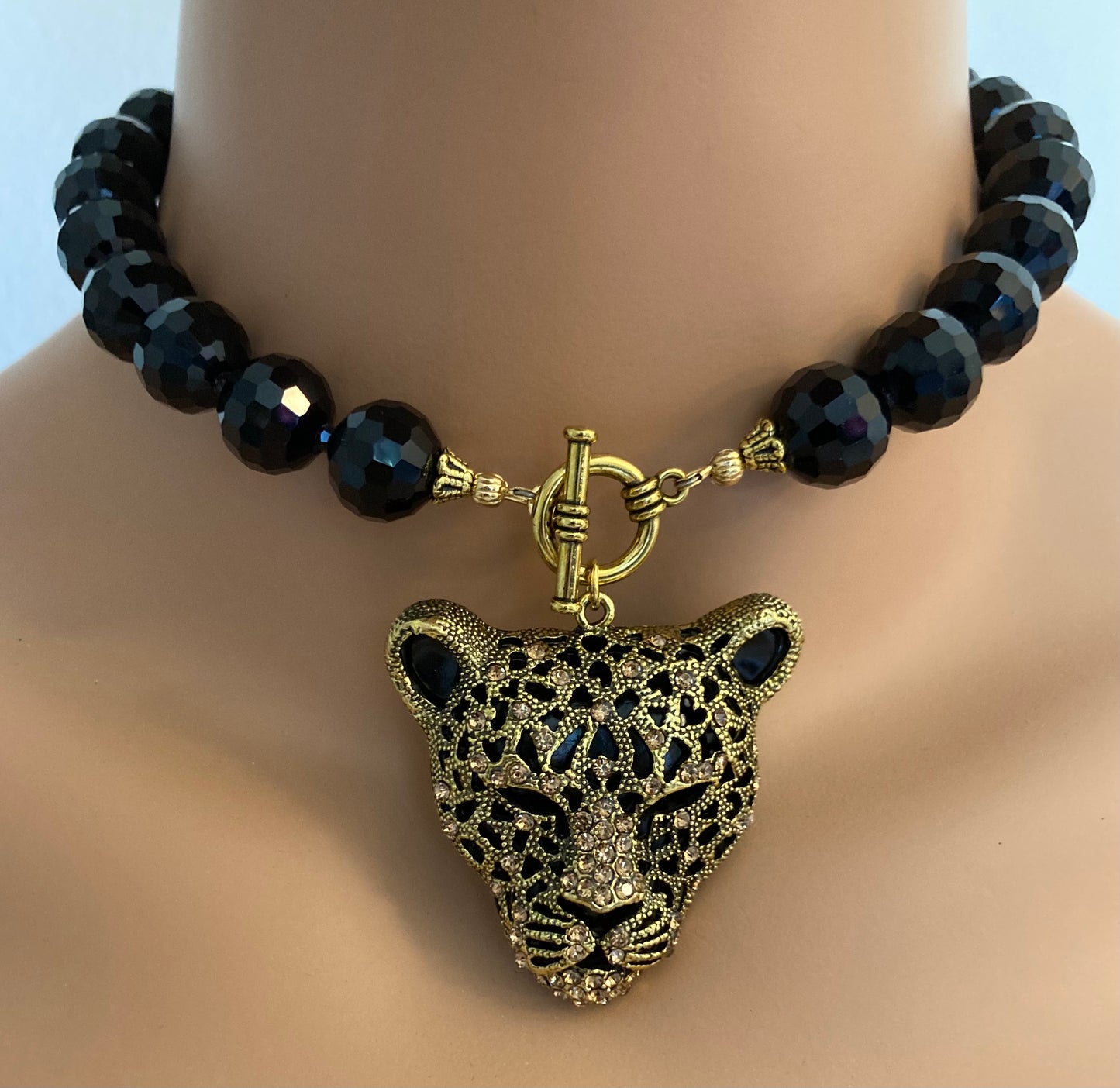 Black Panther Necklace Choker in antiqued gold with rhinestone panther Toggle Choker Necklace in black crystal