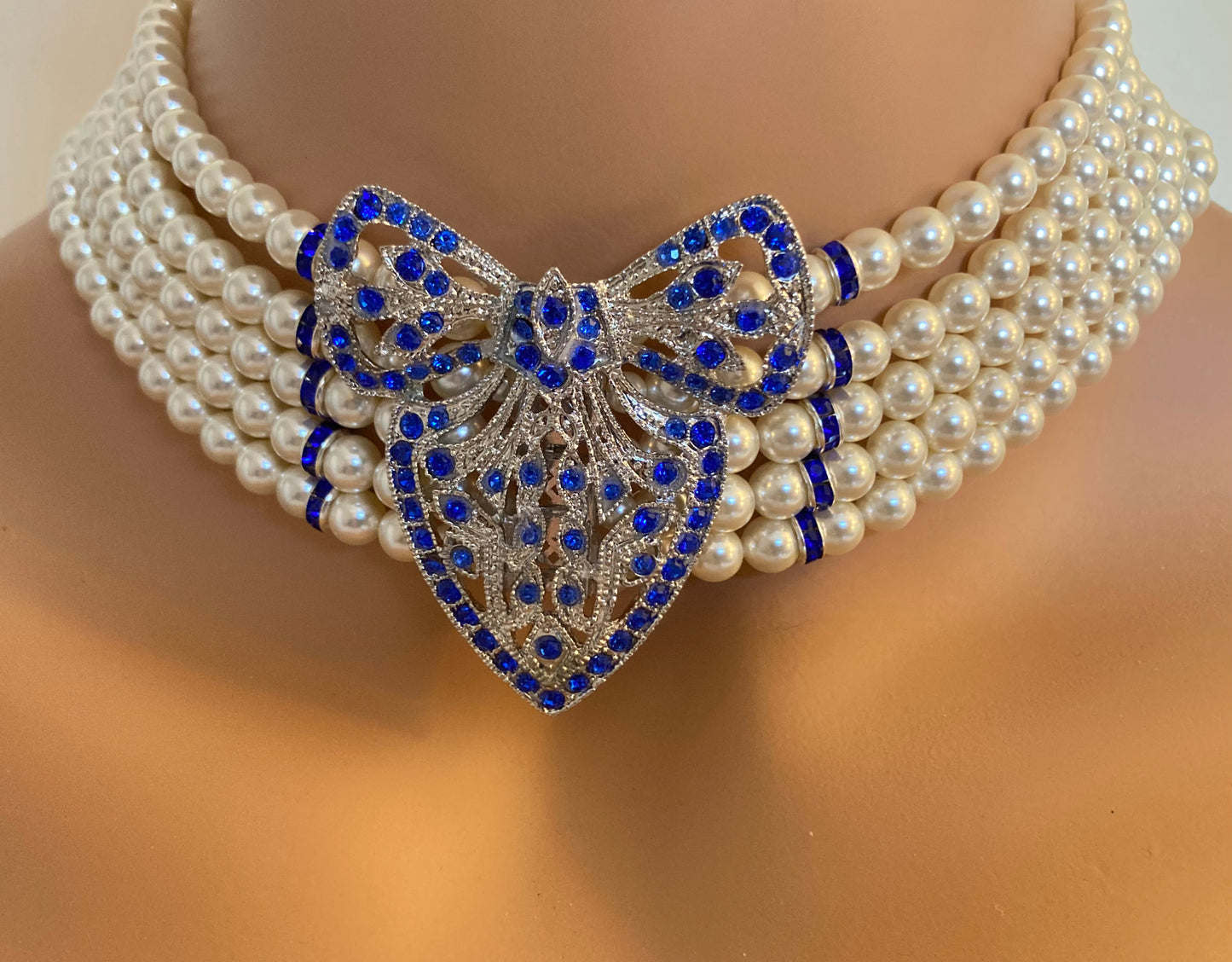 Pearl Choker Bracelet and Earrings Set Art Deco Brooch with Royal Blue Rhinestone wedding jewelry