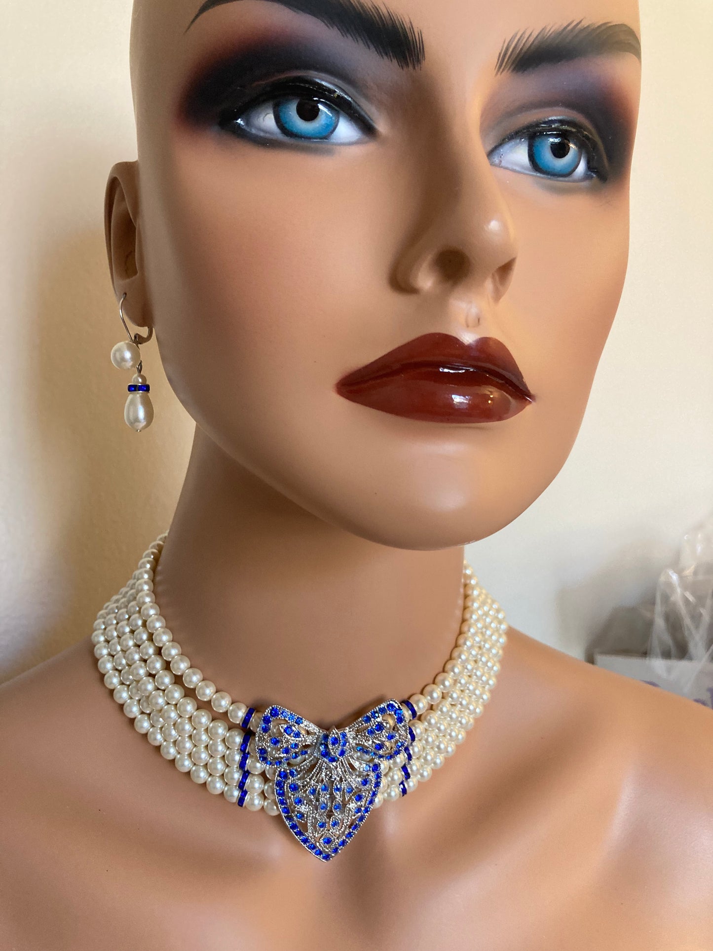 Pearl Choker Bracelet and Earrings Set Art Deco Brooch with Royal Blue Rhinestone wedding jewelry