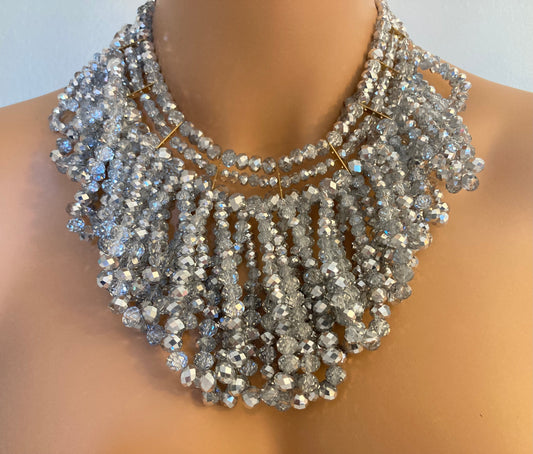 Gray Statement Necklace Set Chunky Crystal Fringe Necklace Earrings included wedding jewelry mother of the bride gifts for her silver grey