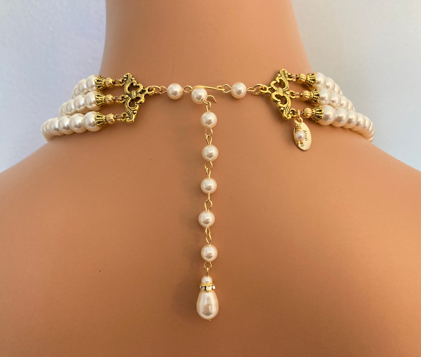 Pearl Necklace with Gold Art Deco Brooch Clear Rhinestone and Cream 3 strands crystal pearls Historic jewelry Gatsby wedding bridal