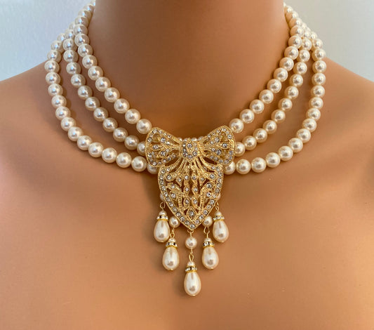 Pearl Necklace with Gold Art Deco Brooch Clear Rhinestone and Cream 3 strands crystal pearls Historic jewelry Gatsby wedding bridal by Alexi Blackwell Bridal