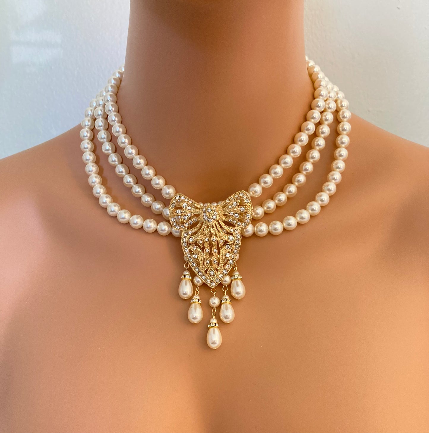 Pearl Necklace with Gold Art Deco Brooch Clear Rhinestone and Cream 3 strands crystal pearls Historic jewelry Gatsby wedding bridal