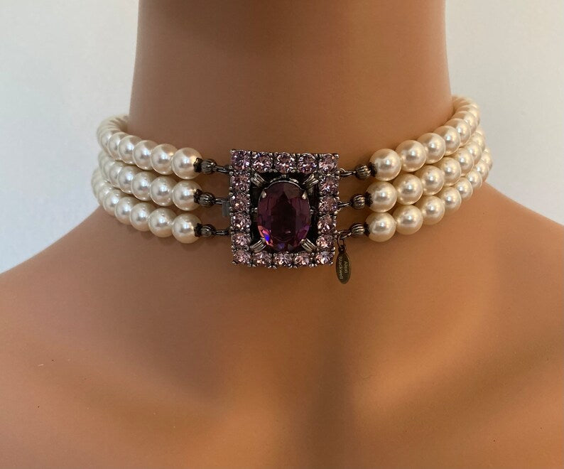 Pearl Choker with Amethyst Purple Rhinestone Clasp focal Cream Swarovski pearls Earrings included birthday gifts wedding jewelry historical style