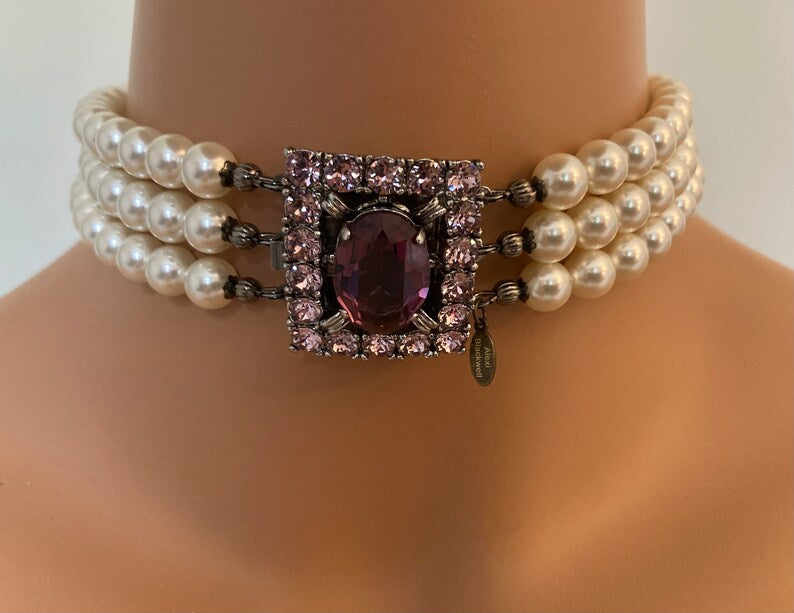 Pearl Choker with Amethyst Purple Rhinestone Clasp focal Cream Swarovski pearls Earrings included birthday gifts wedding jewelry historical style