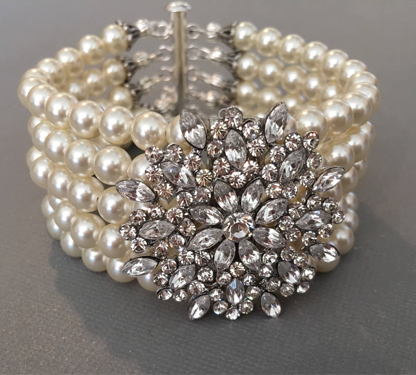Pearl Bridal Bracelet with Cream Ivory Swarovski Pearls 5 multi strands and sparkling rhinestone Brooch wedding jewelry mother of the bride