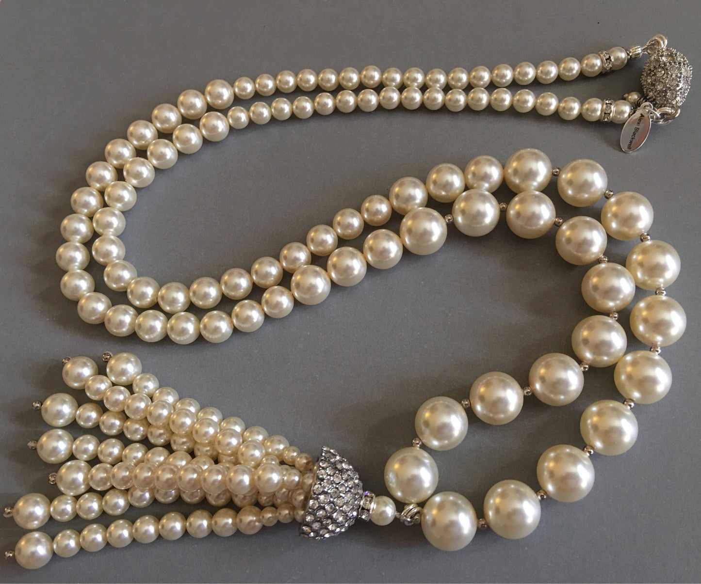 Long Pearl Necklace with Silver Rhinestone tassel Flapper Necklace graduated sizes Crystal pearls Cream Ivory Gifts for Her