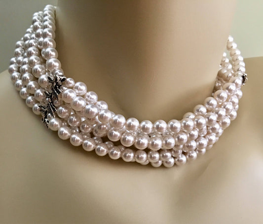 Chunky Pearl Choker Necklace Set  Pearl Stud Earrings included 7 strands White Swarovski pearls with silver leaf and flower accents wedding