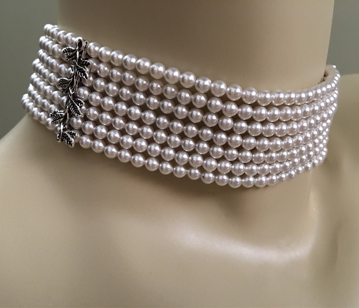 Pearl Choker Necklace Earrings Set 7 strands Swarovski pearls in white with backdrop and antique silver details Gifts for Her READY TO SHIP