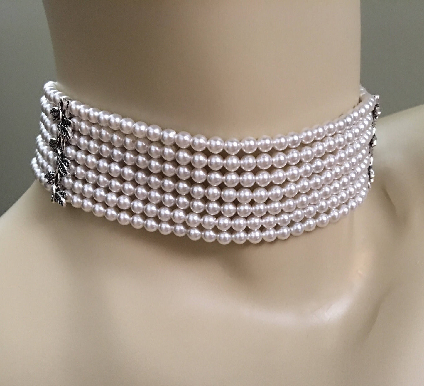 Pearl Choker Necklace Earrings Set 7 strands Swarovski pearls in white with backdrop and antique silver details Gifts for Her READY TO SHIP