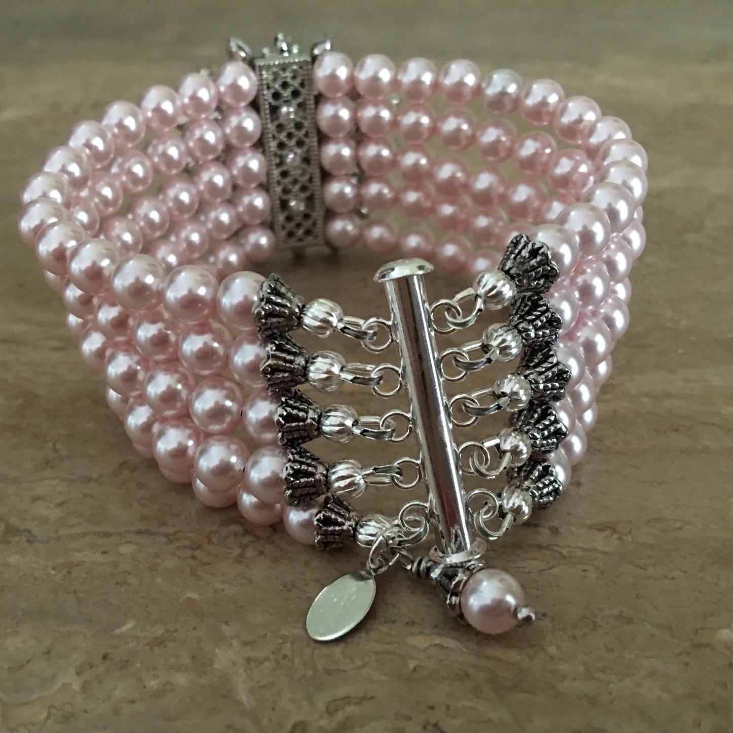 Blush Bridal Bracelet with AB Rhinestone in Rosaline Pink Swarovski Pearls 5 multi strands or your choice of color pearl wedding bracelets