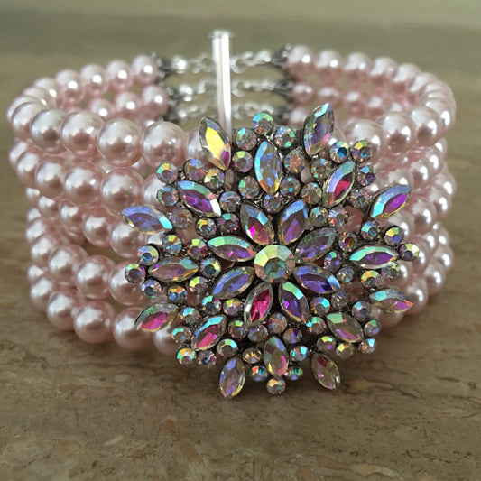 Blush Bridal Bracelet with AB Rhinestone in Rosaline Pink Swarovski Pearls 5 multi strands or your choice of color pearl wedding bracelets