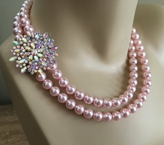 Blush Wedding Necklace Set in 2 double strands of Rosaline Pink Swarovski pearls with AB Rhinestone Brooch in silver Bridal jewelry