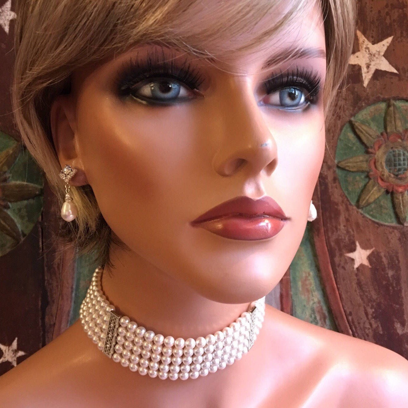 Pearl Choker Necklace 5 multi strands Crystal Pearls in White or your choice of color Great Gatsby Downton Abbey Art Deco wedding jewelry