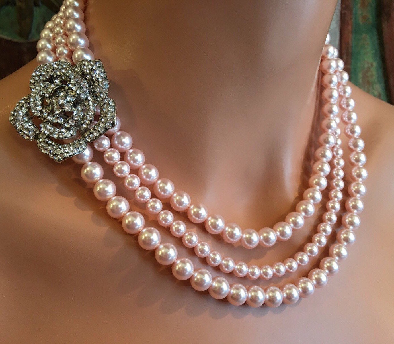 Blush Pearl Necklace with brooch and Earrings Set 3 multi strands Rosaline Pink Swarovski pearls Earrings included bridal wedding jewelry