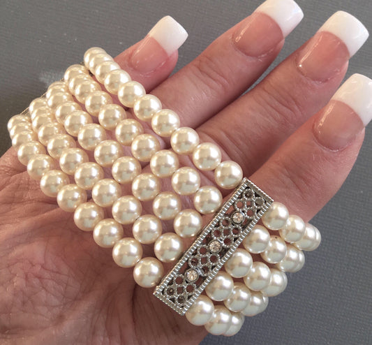 Pearl Bridal Bracelet with Silver bars and rhinestone is a 5 multi strands cuff of crystal glass Pearls in Cream ivory or choice of color