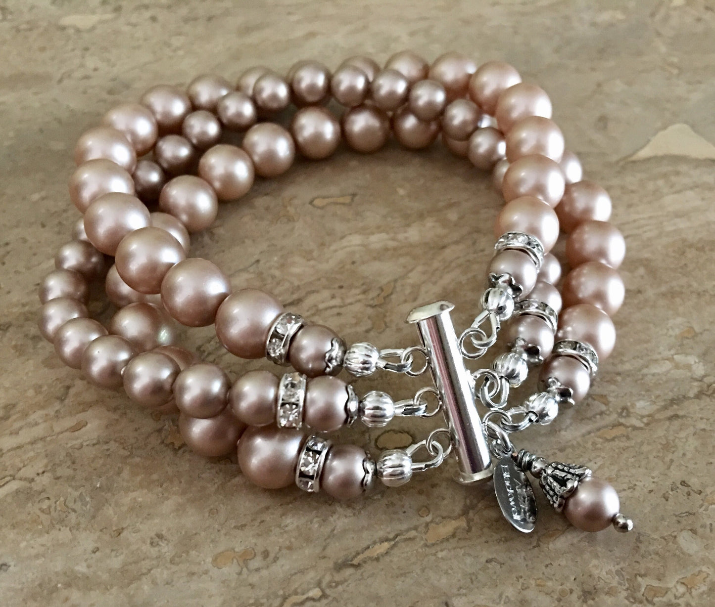 Taupe Bracelet Earrings Set in 3 strands Powder Almond or your choice of color crystal Pearls Earrings included