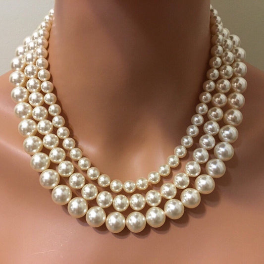 Classic Pearl Necklace 3 multi strands glass Pearls in Cream Ivory or choice of color Statement vintage style Mother of the Bride wedding