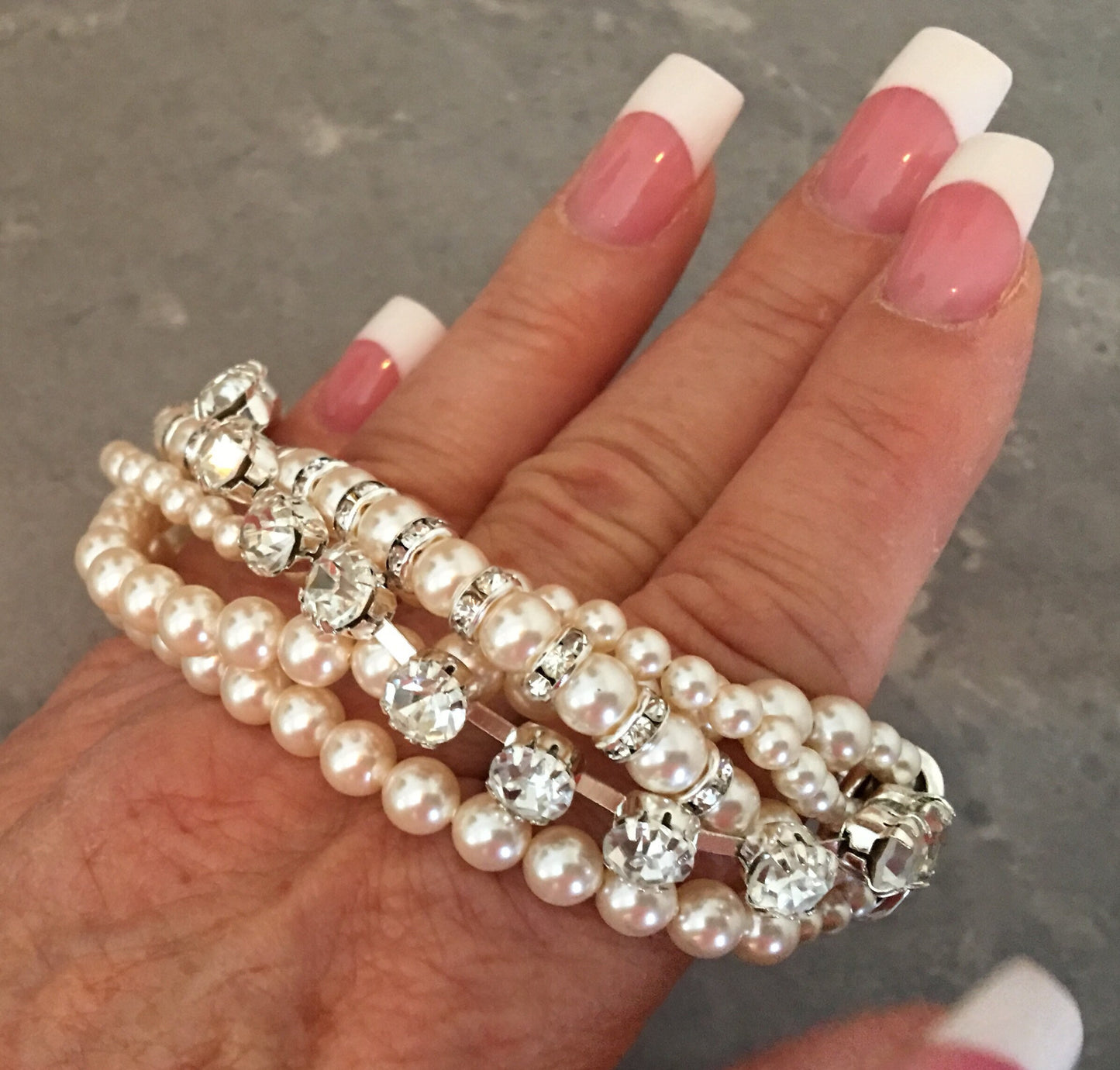 Bridal Bracelet Chunky Twisted 5 strands with glass Pearls and Rhinestone chain custom made in creamrose or your choice of color