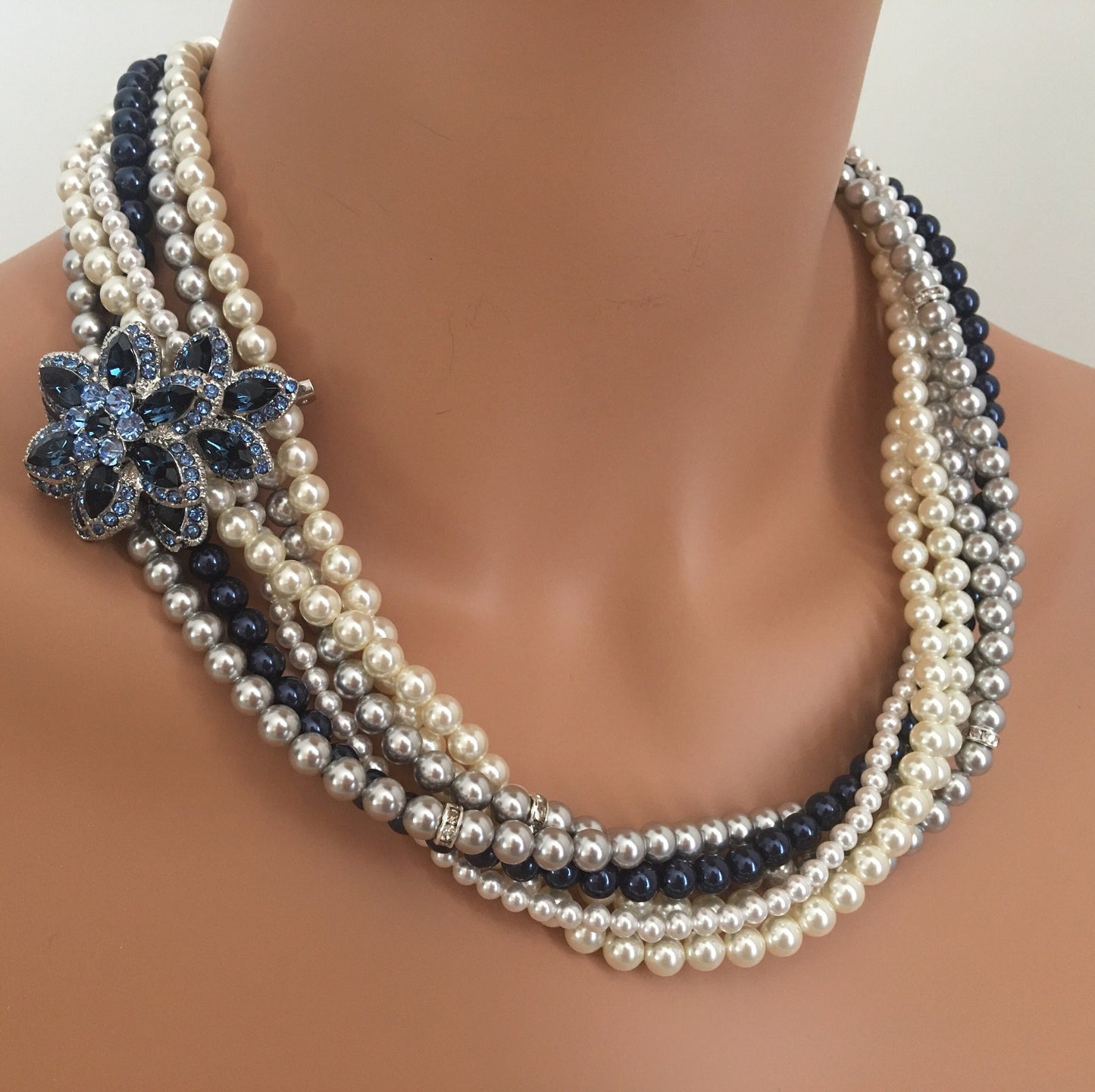 Navy Blue Pearl Necklace Set with Brooch and Earrings Light Grey Ivory torsade multi strand glass Pearls mother of the bride classic torsade