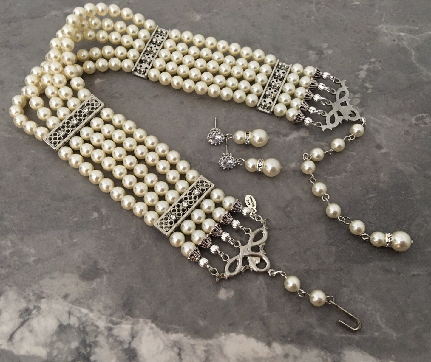 Wedding Choker Pearl Necklace with backdrop 5 multi strand glass Pearls in Cream Ivory White or your choice of color Art Deco Gatsby