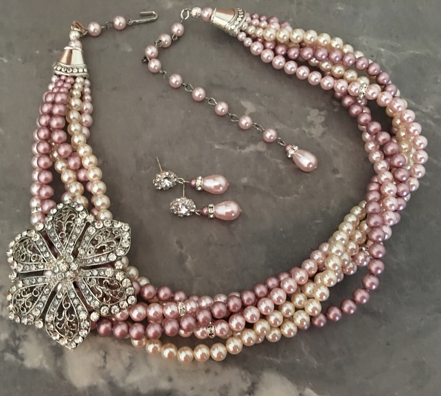 Pink Pearl Necklace Set with Earrings and Brooch 6 strands twisted torsade Blush Rosaline Dusty Pink Powder Rose Creamrose Swarovski pearls