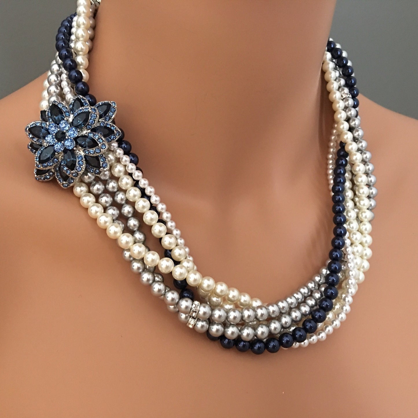 Navy Blue Necklace Set with Brooch and Earrings Night Blue Pearl Light Grey Ivory torsade multi strand Crystal Pearls mother of the bride