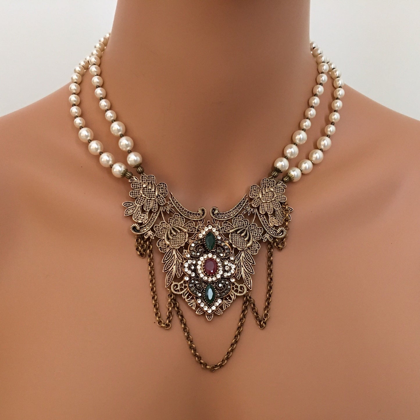 Victorian Necklace Set Vintage style with Earrings antique bronze gold cream ivory crystal pearls Rennaissance medieval historical costume