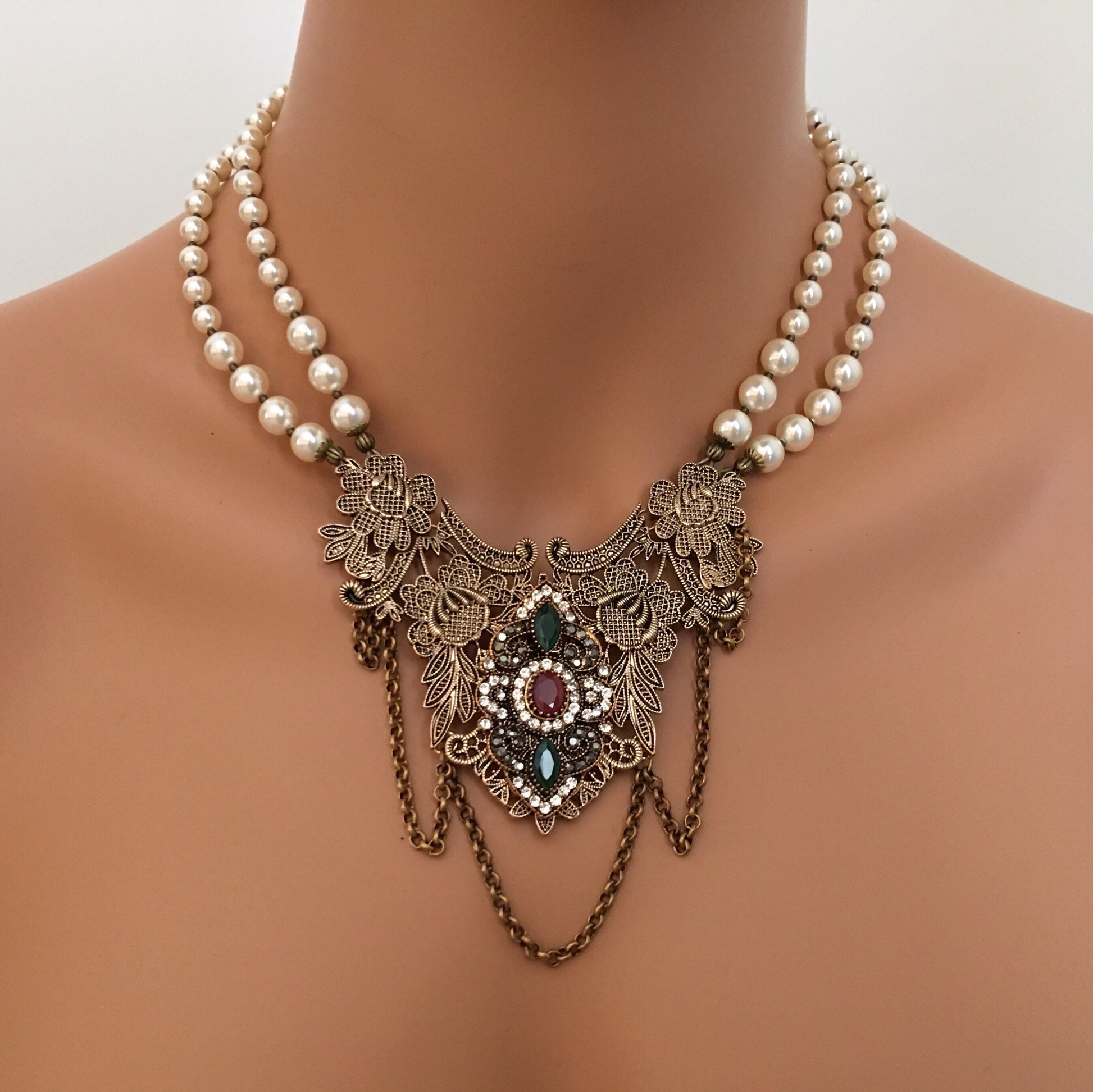 Victorian Necklace Set Vintage style with Earrings antique bronze gold cream ivory crystal pearls Rennaissance medieval historical costume