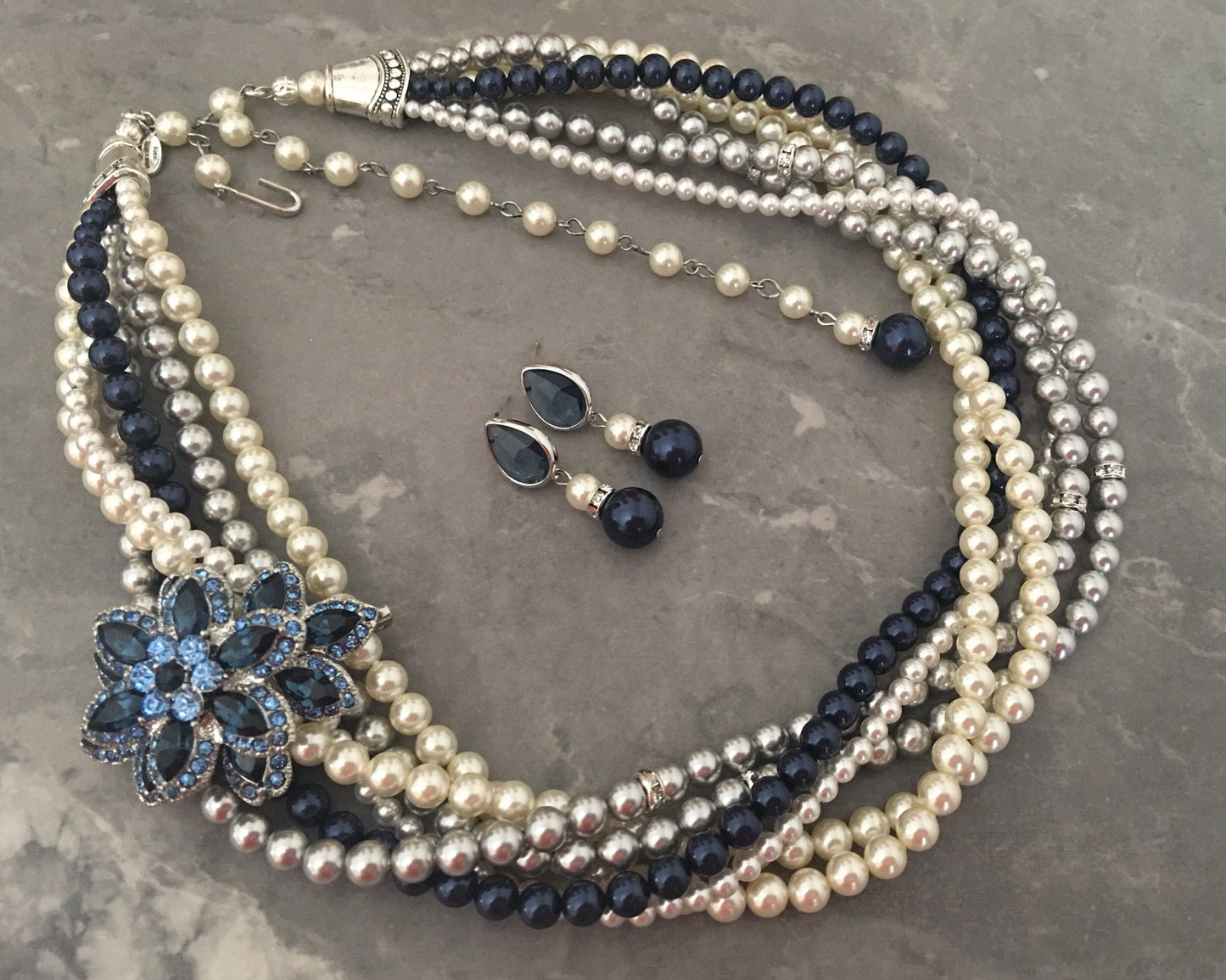 Navy Blue Necklace Set with Brooch and Earrings Night Blue Pearl Light Grey Ivory torsade multi strand Crystal Pearls mother of the bride