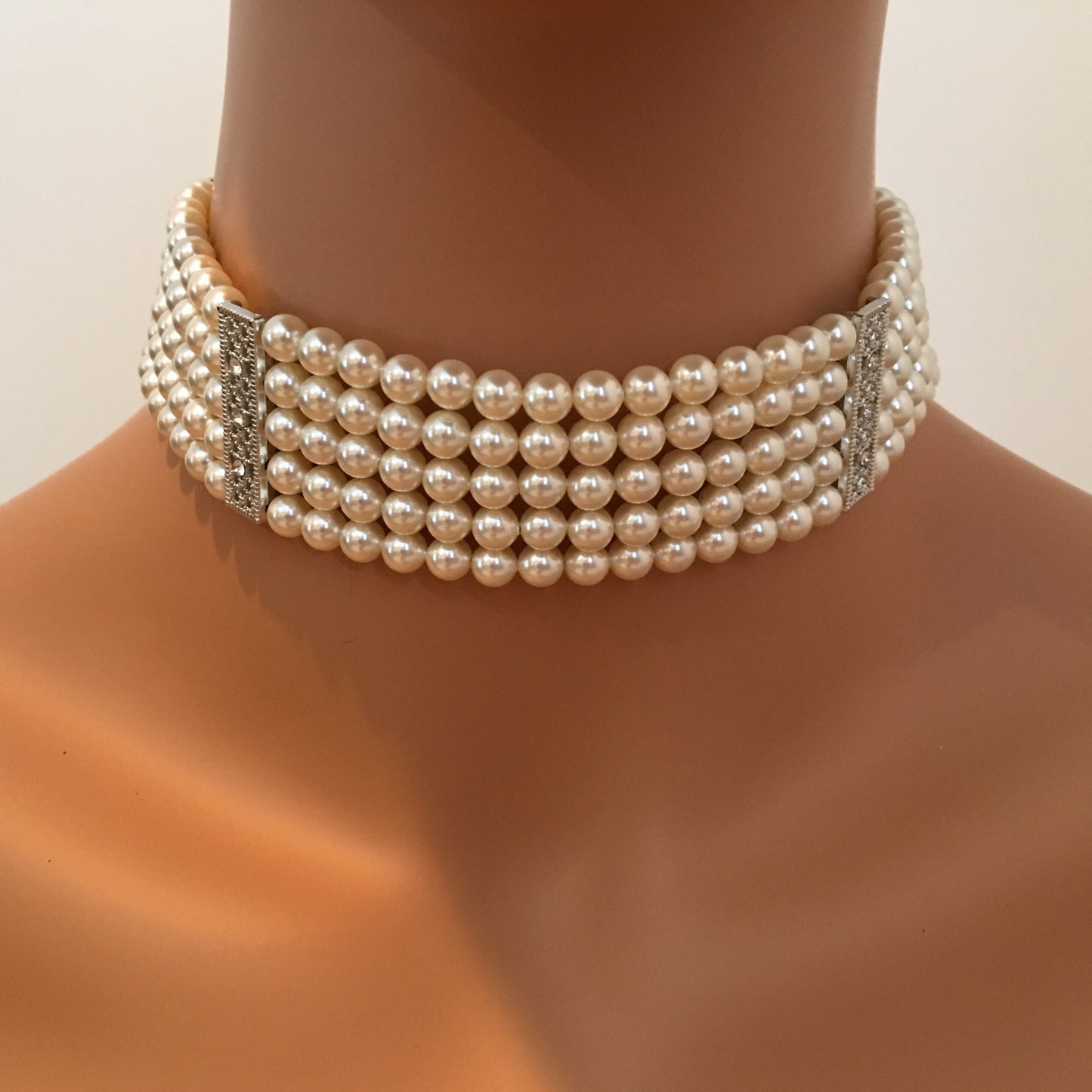 Wedding Choker Pearl Necklace with backdrop 5 multi strand glass Pearls in Cream Ivory White or your choice of color Art Deco Gatsby