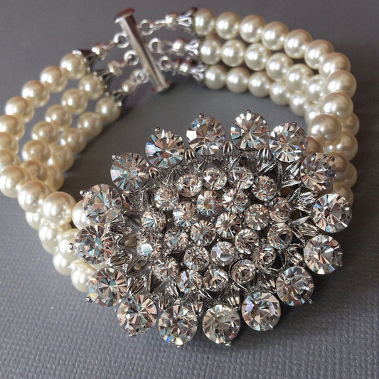 Pearl Bracelet in Ivory or white with Rhinestone Focal in Silver or Gold and 3 strands of Crystal Pearls made in your size wedding bridal