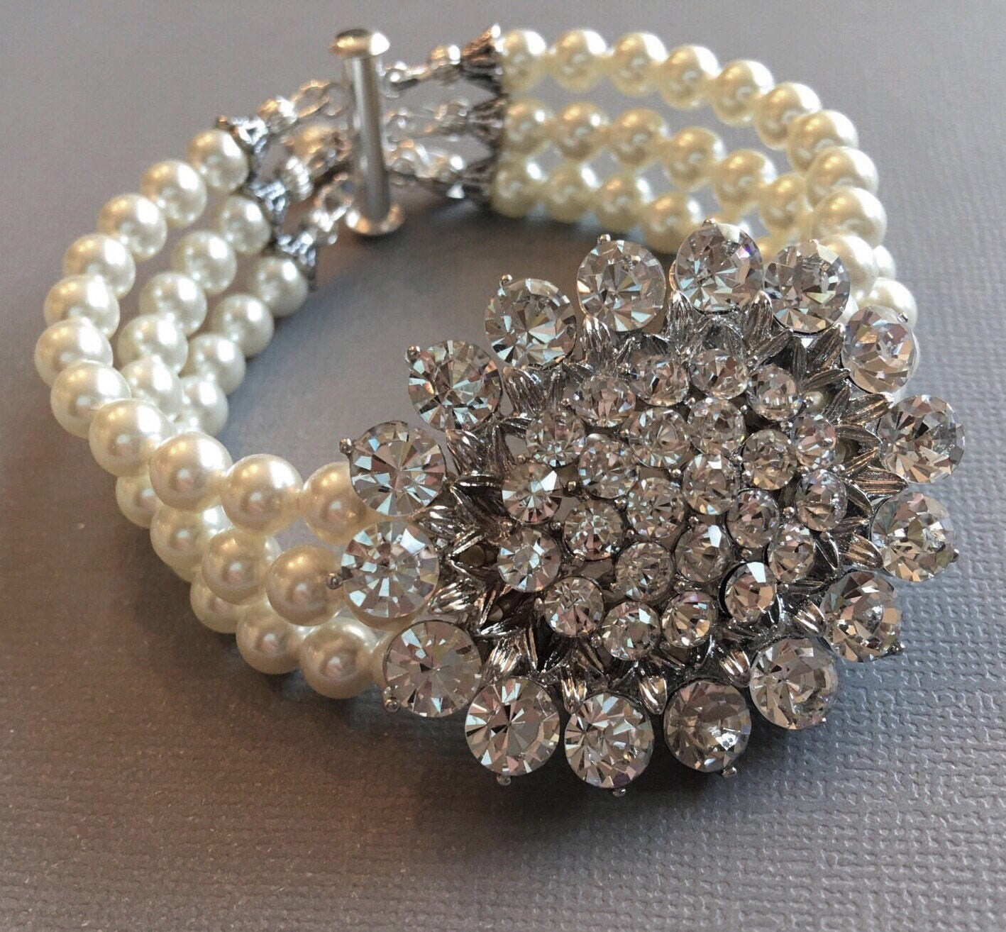 Pearl Bracelet in Ivory or white with Rhinestone Focal in Silver or Gold and 3 strands of Crystal Pearls made in your size wedding bridal