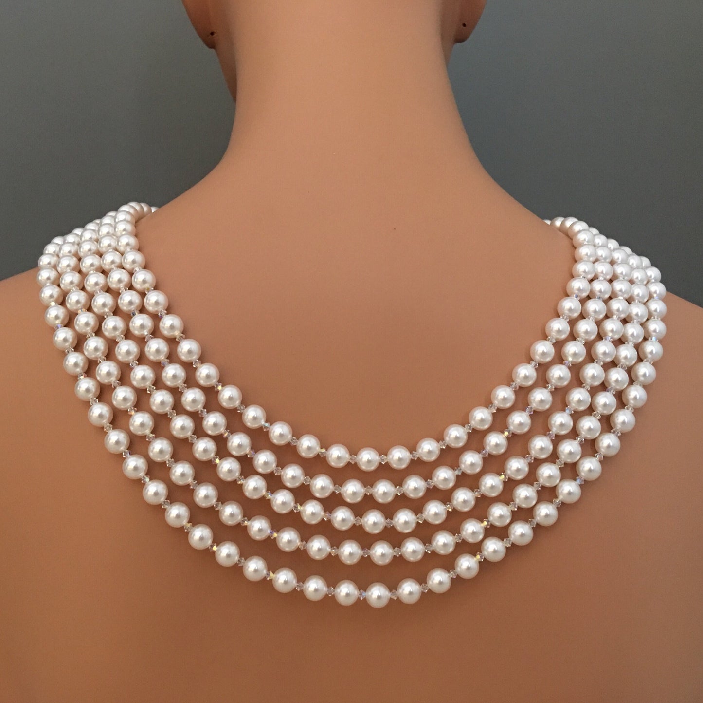 Backwards Pearl Necklace Audrey Hepburn style replica with brooch 5 multi strands Crystal Pearls backdrop back drape Holly Golightly