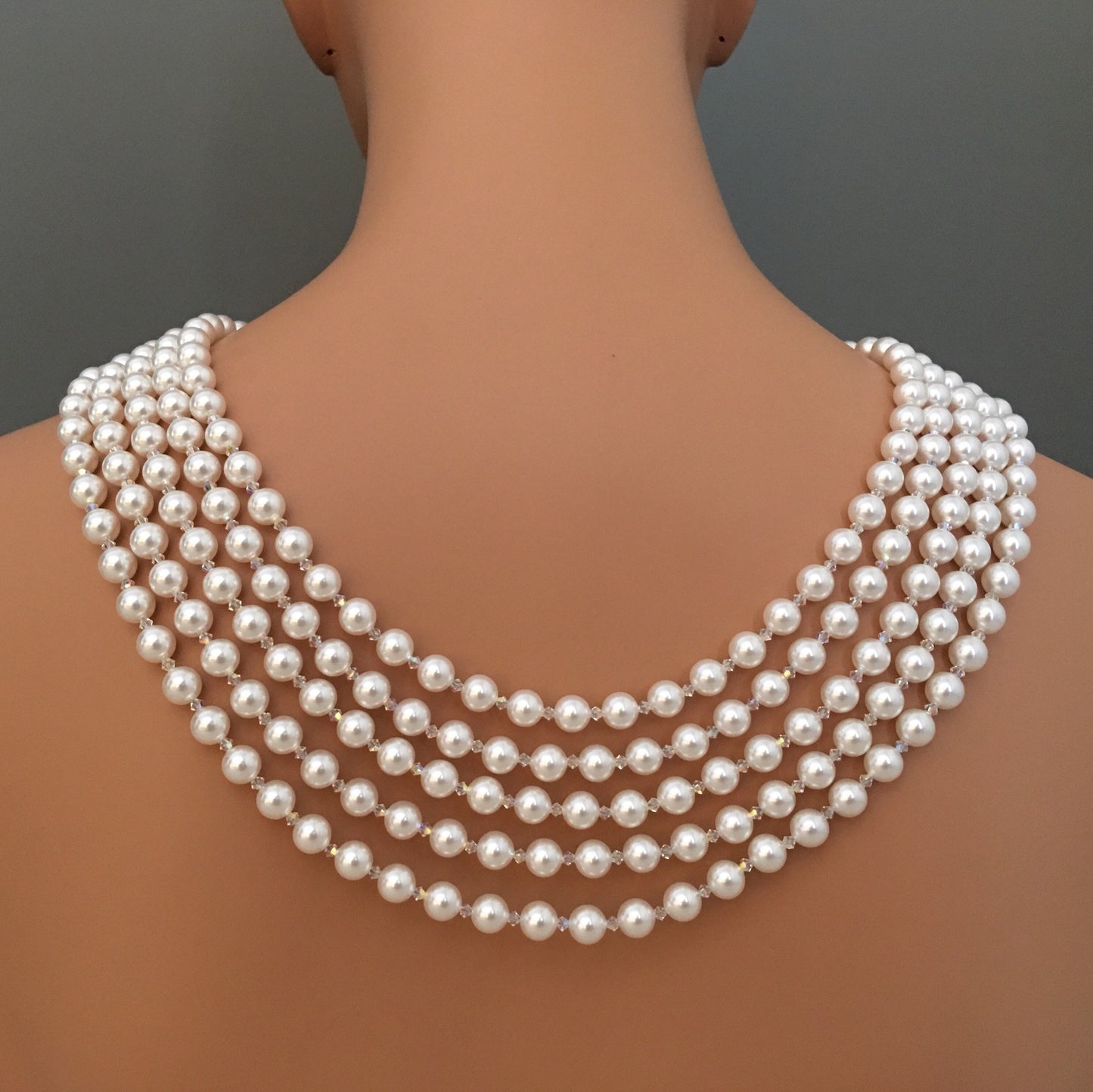 Backwards Pearl Necklace Audrey Hepburn style replica with brooch 5 strands Breakfast at Tiffany pearls back drape Holly Golightly costume