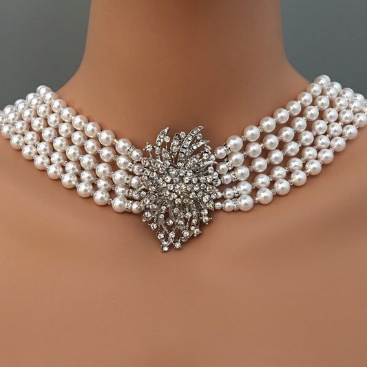 Audrey Hepburn style Necklace replica pearl necklace with brooch 5 multi strands Crystal Pearls backdrop back drape Holly Golightly bridal