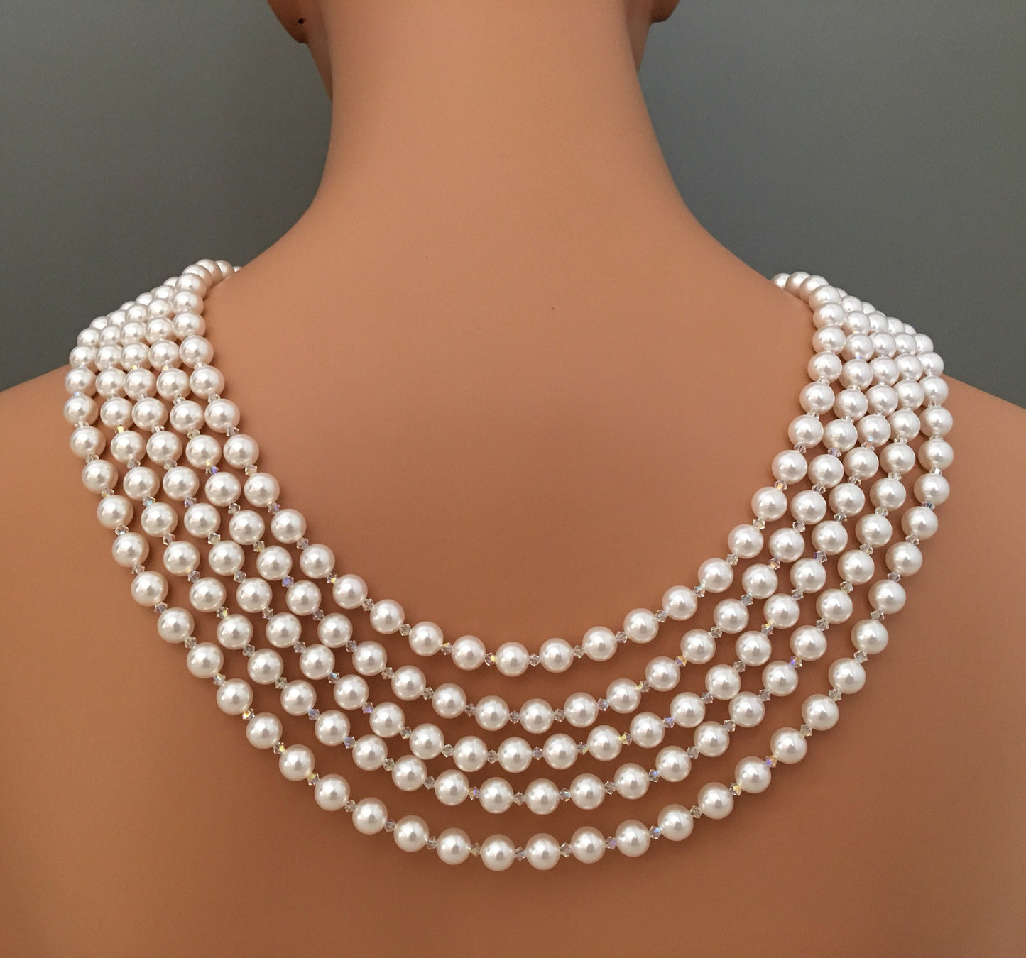 Audrey Necklace pearl necklace with brooch 5 strands of Crystal Pearls and crystals backdrop back drape Holly wedding jewelry breakfast at