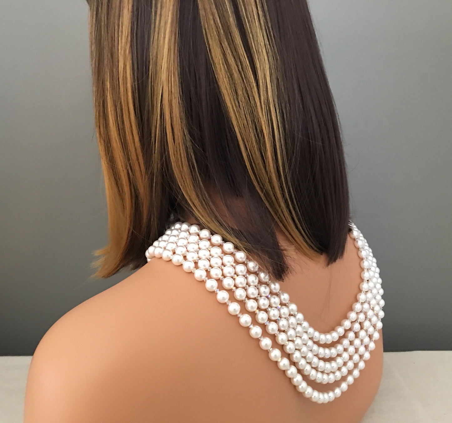 Audrey Necklace pearl necklace with brooch 5 strands of Crystal Pearls and crystals backdrop back drape Holly wedding jewelry breakfast at