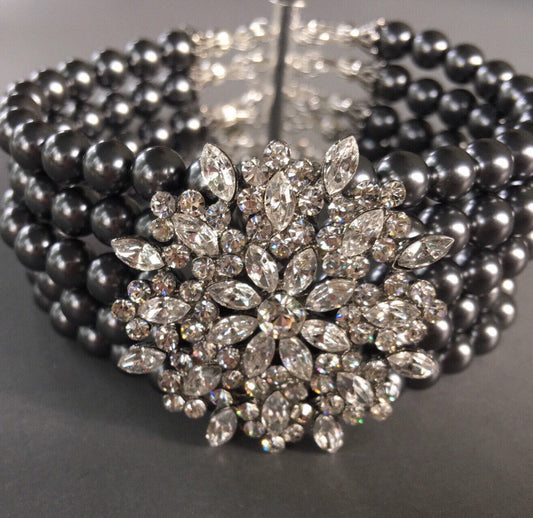 Bracelet Earrings Set Gray Pearl and Rhinestone 5 strands Dark Grey pearls wedding Mother of the Bride