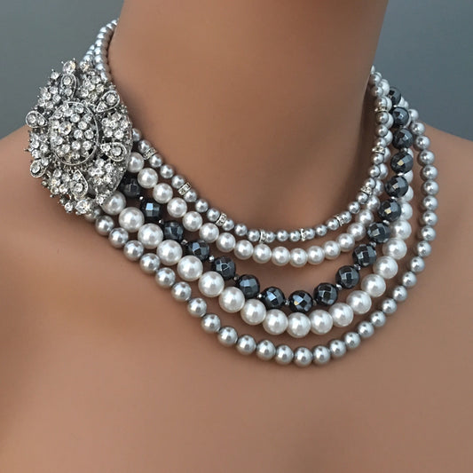 Bold Statement Necklace Set with Brooch in Chunky Grey Swarovski Pearl Crystal Rhinestones mother of the bride Gifts for Her Elegant Classic