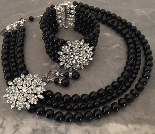 Complete Black Jewelry Set Pearl Necklace with Brooch Bracelet Rhinestone Earrings Mystic Black Crystal Pearls mother of the bride wedding