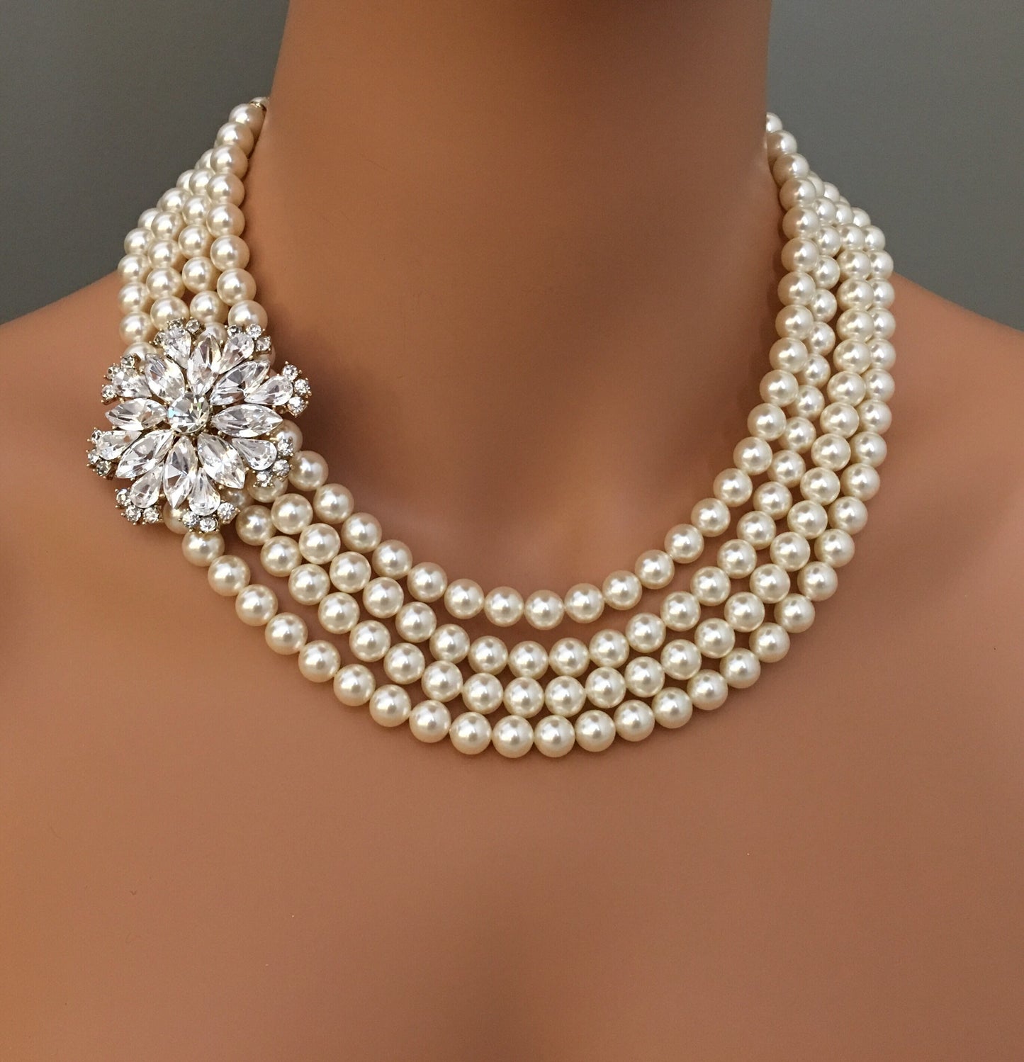 Wedding Jewelry Set Pearl Necklace with Gold Brooch 4 Strands Cream Ivory or White pearls bridal necklaces mother of the Bride