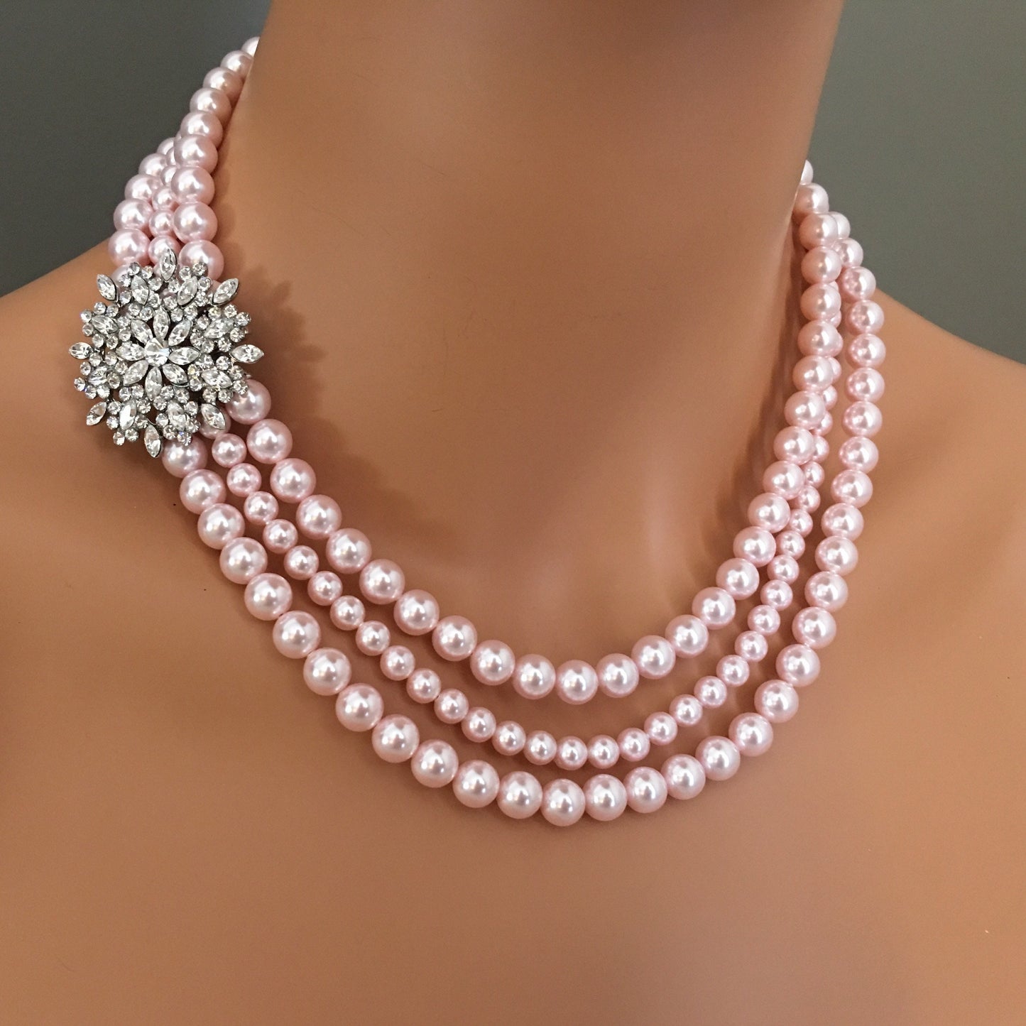 Blush Pearl Necklace Set with Earrings in Rosaline Pink Crystal pearls 3 strands and rhinestone brooch wedding bridal jewelry