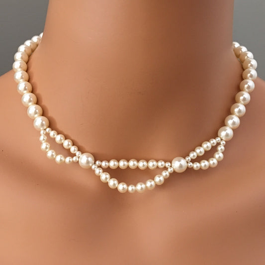 Classic Pearl Necklace Set unique 2 strand design of Cream Ivory Crystal pearls with Earrings included wedding jewelry Set