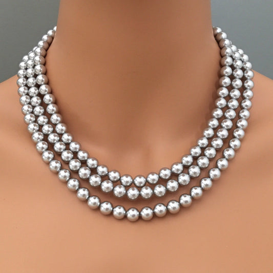 Classic Gray Pearl Necklace Set  3 Multi Strand Crystal Light Grey pearls or your choice of color Earrings Included Classic Elegant design