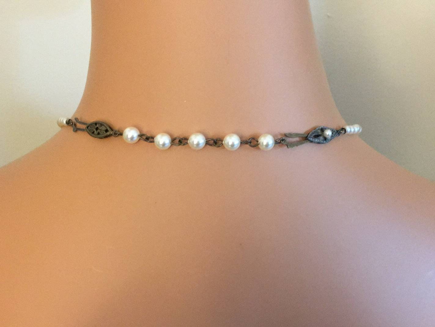 Pearl Necklace Extender in Bronze, Silver or Gold and Cream Ivory or White glass pearls to lengthen vintage necklaces fish hook clasp