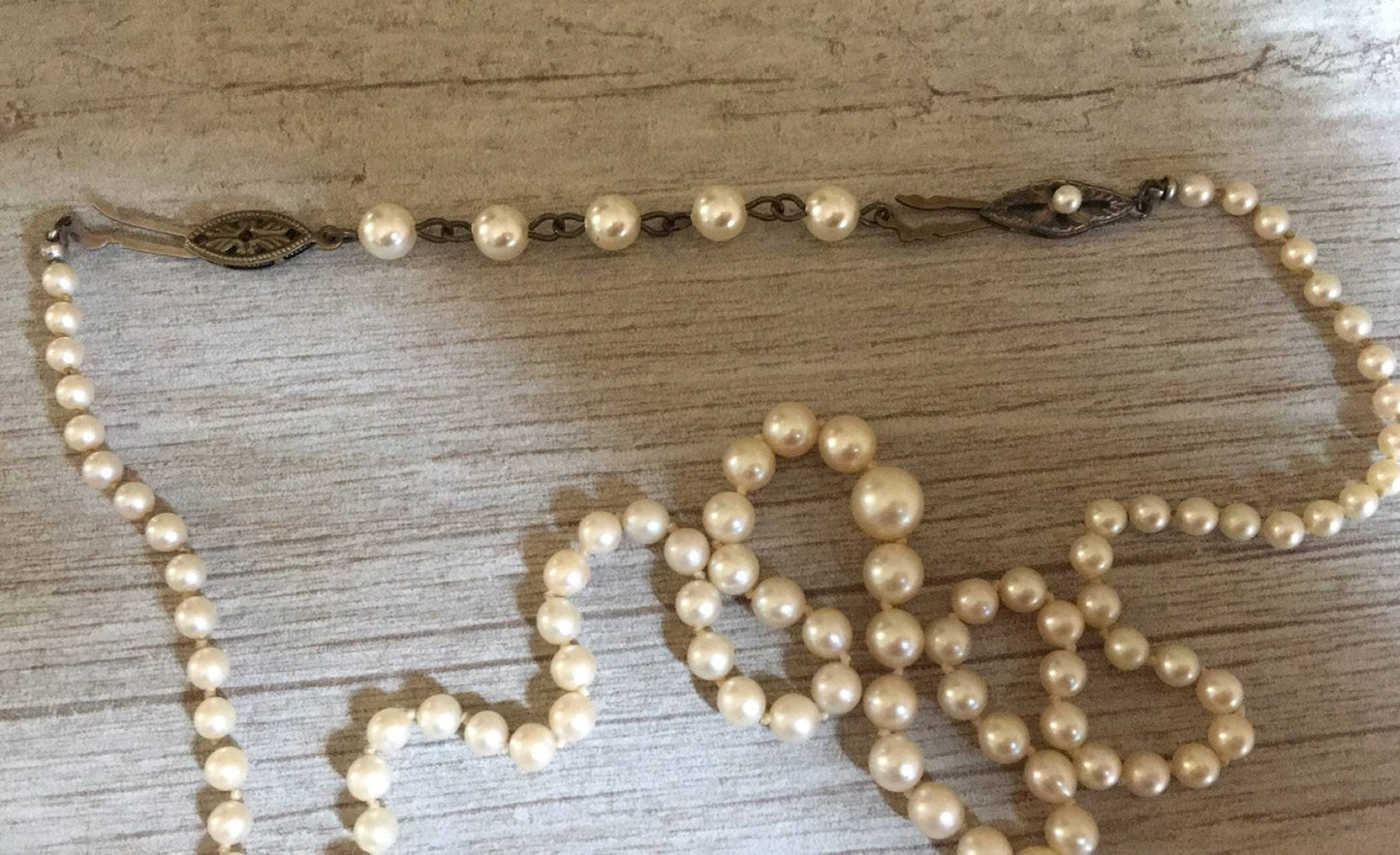 Pearl Necklace Extender in Bronze, Silver or Gold and Cream Ivory or White glass pearls to lengthen vintage necklaces fish hook clasp